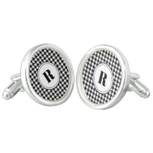 Bold Framed Initial, Houndstooth Check, SS Plated Cufflinks