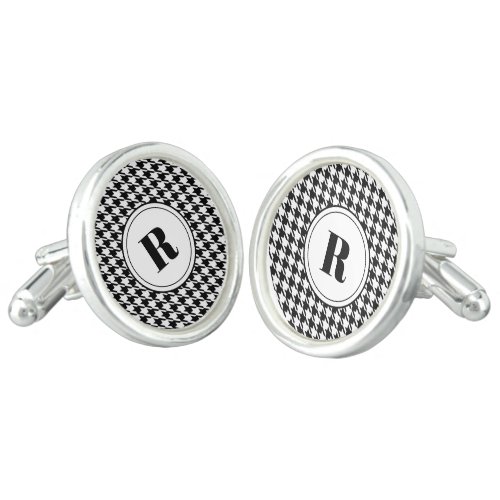 Bold Framed Initial, Houndstooth Check, SS Plated Cufflinks