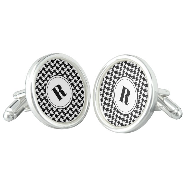 Bold Framed Initial, Houndstooth Check, SS Plated Cufflinks (Angled)