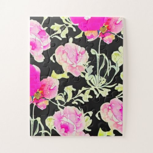 Bold Fuchsia Colored Flowers on Black Background Jigsaw Puzzle