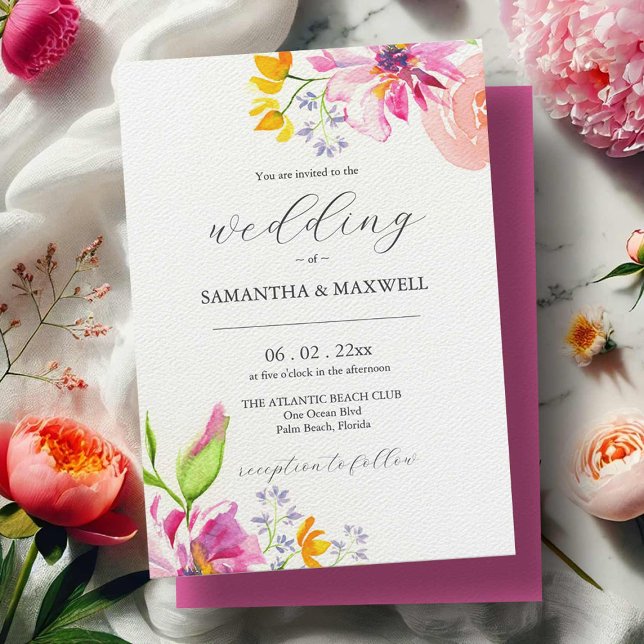 Bold Fuchsia Pink Floral Wedding Invitation  (Bold wedding invitations watercolor pink and orange flowers by Victoria Grigaliunas DoTellABelle)