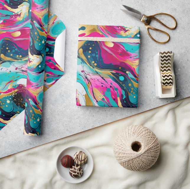 Bold Fuchsia Teal Abstract with Metallics Design Wrapping Paper (Crafts)