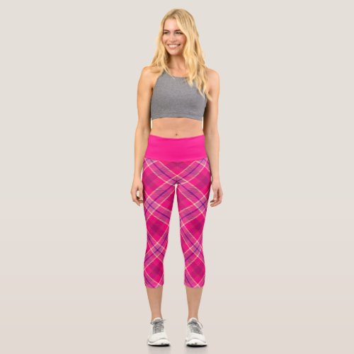 Bold Fun Colorful Pink  Purple Plaid Capri Leggings