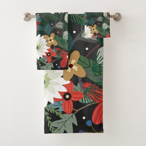 Bold Funky Colorful Floral Dark Chic Modern Trendy Bath Towel Set