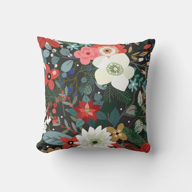 Bold Funky Colorful Floral Dark Chic Modern Trendy Throw Pillow (Front)