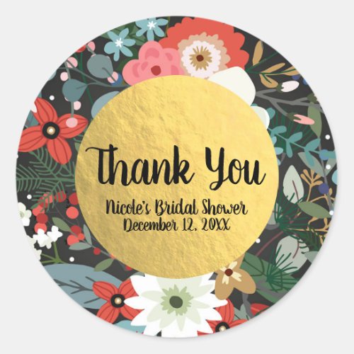 Bold Funky Colorful Floral Dark Chic Wedding Favor Classic Round Sticker
