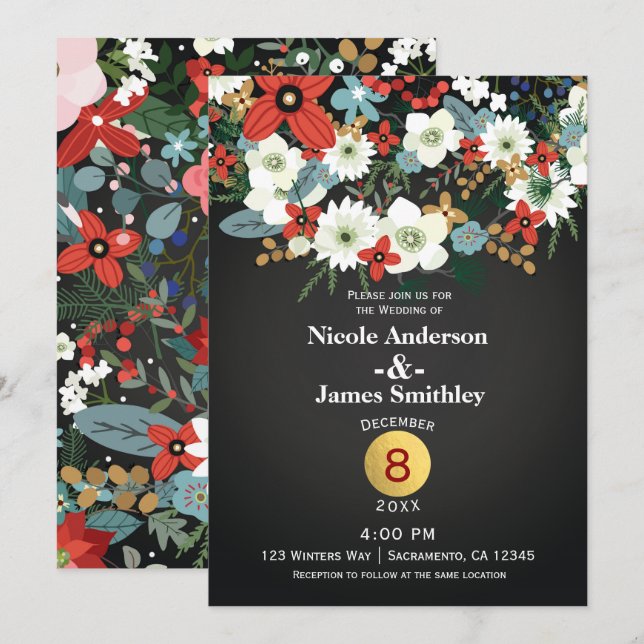 Bold Funky Colorful Floral Dark Chic Wedding Invitation (Front/Back)