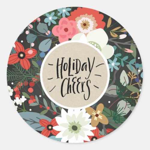 Bold Funky Floral Dark Chic Modern HOLIDAY CHEERS Classic Round Sticker