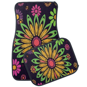 Bold Funky Floral Pattern in Yellow, Green, and Pu Car Floor Mat