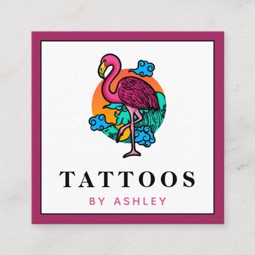 Bold  Funky Japanese Flamingo Bird Tattoo Artist Square Business Card