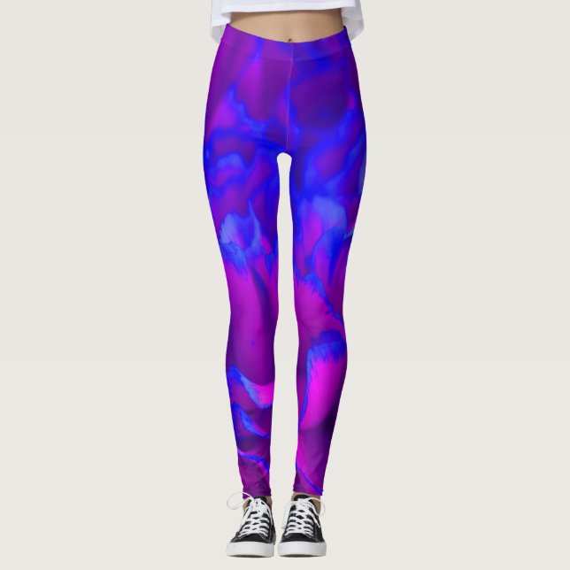 Bold Fuschia Pink and Blue Carnation Flower Leggings (Front)