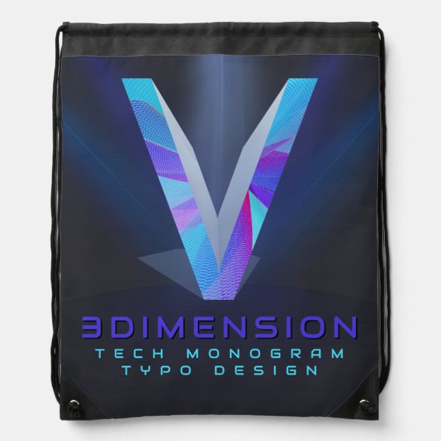 Bold Futuristic 3D Tech Monogram Letter V Artwork Drawstring Bag (Front)