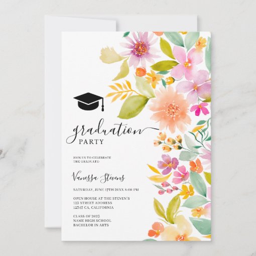 Bold garden watercolor flowers graduation invitation Zazzle