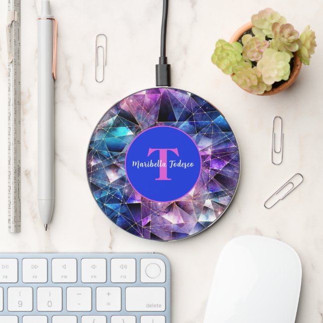 Bold Gemstone Crystals and Gold Monogram Initial Wireless Charger (Desk)