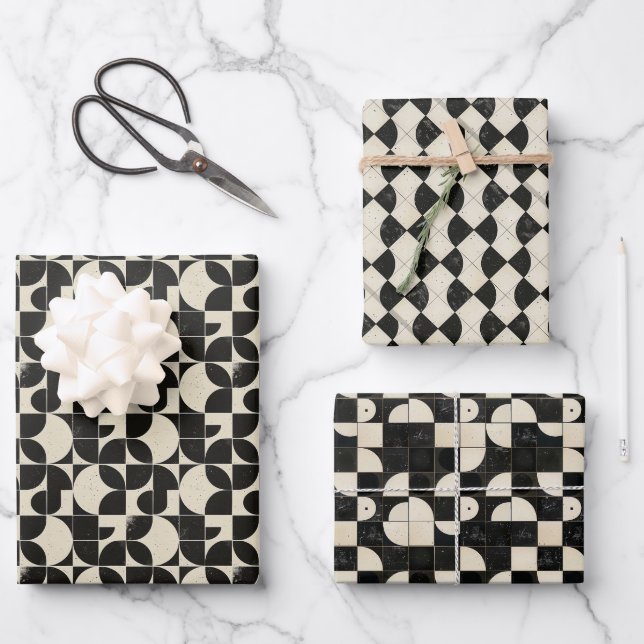  Bold Geometric Abstract Pattern – Black & Cream Wrapping Paper Sheets (Front)