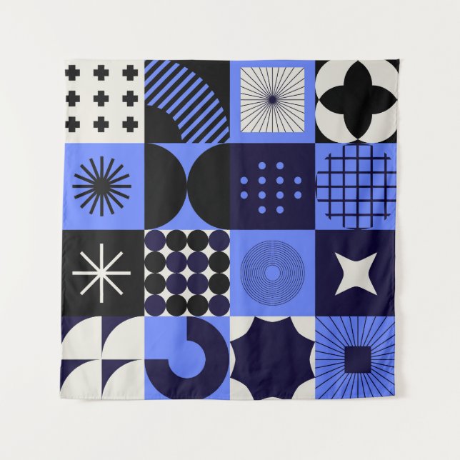 Bold Geometric Bauhaus Retrofuturistic Pattern Tapestry (Front)