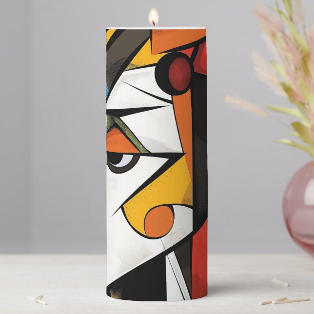 Bold Geometric Cubist Abstract Design Pillar Candle (In Situ)