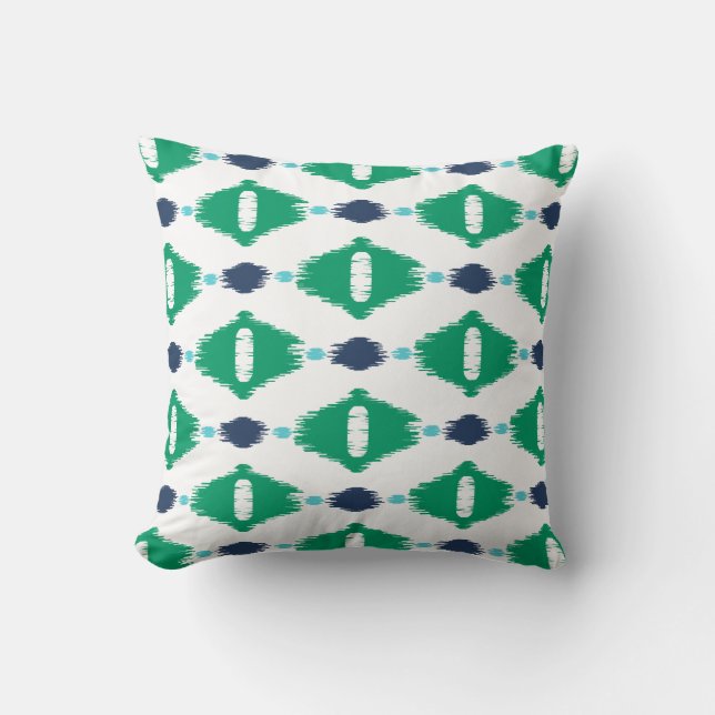Bold geometric green and navy tribal ikat print throw pillow (Front)