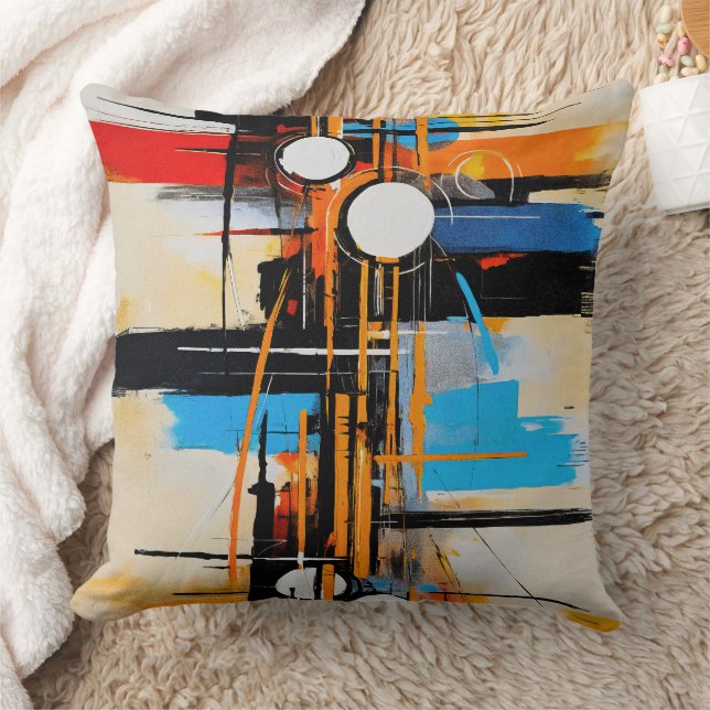 Bold Geometric Orange Blue Abstract Modernist Throw Pillow (Blanket)