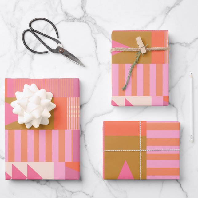 Bold Geometric Pattern in Pink and Orange  Wrapping Paper Sheets (Front)