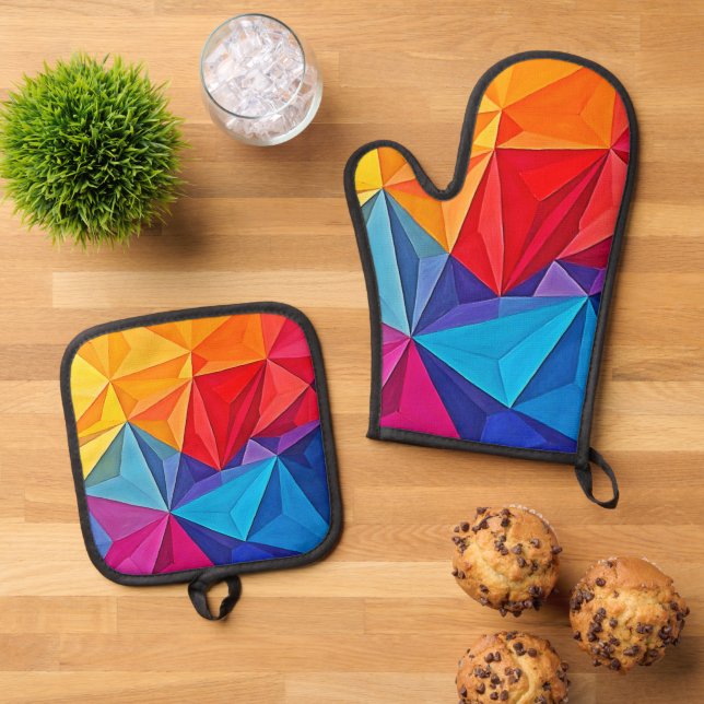 Bold Geometric Prism Abstract Art Oven Mitt & Pot Holder Set (Top Down)