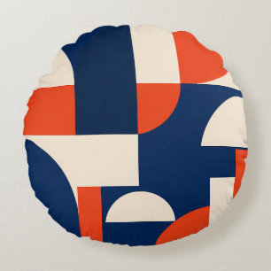 Bold Geometric Shapes in Navy Orange and Dark Blue Round Pillow