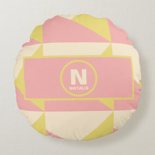 Bold Geometric Shapes in Pink and Yellow Monogram Round Pillow