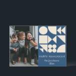 Bold Geometric Shapes Modern Custom Hanukkah Photo Holiday Card<br><div class="desc">This modern Hanukkah card features bold geometric shapes in cream over a navy blue background alongside space for a family photo and personalized message. A playful, contemporary take on traditional holiday cards, perfect for families who love clean design and festive spirit. Ideal for sending warmth and cheer during the season...</div>