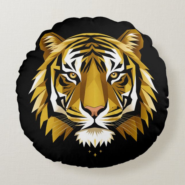 Bold Geometric Tiger Portrait With Abstract Golden Round Pillow (Front)