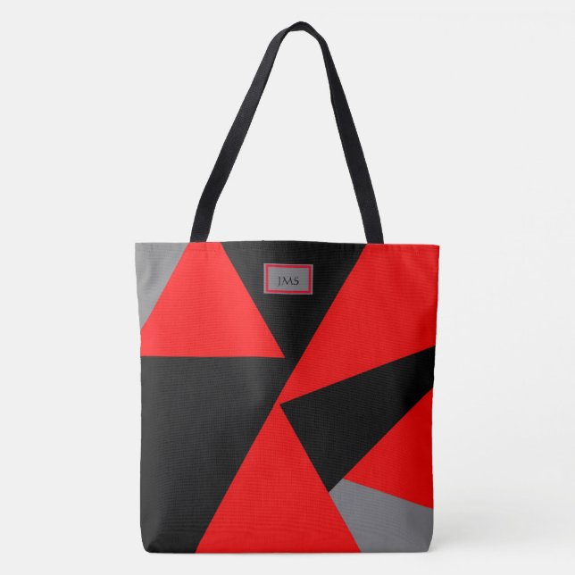 Bold Geometrics, Black, Red, Gray Monogrammed Tote Bag (Front)