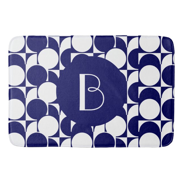 Bold Geometrics w Monogram, Navy & White Bathroom Mat (Front)