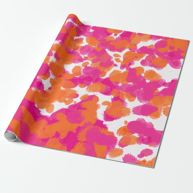 Bold Girly Hot Pink Fuchsia Orange Paint Splashes Wrapping Paper (Unrolled)