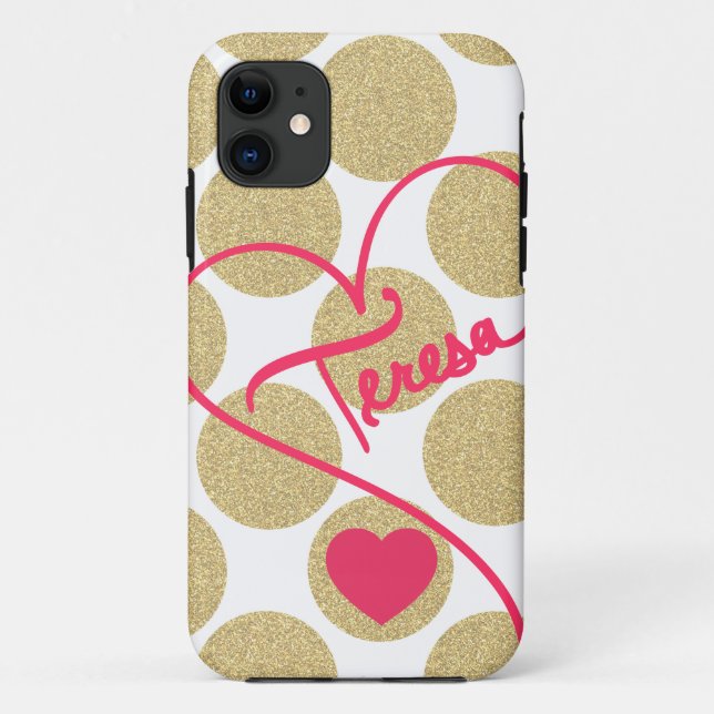 Bold Glitter Gold Dots Heart and Handwritten Name Case-Mate iPhone Case (Back)