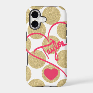 Bold Glitter Gold Dots Heart and Handwritten Name iPhone 17 Case
