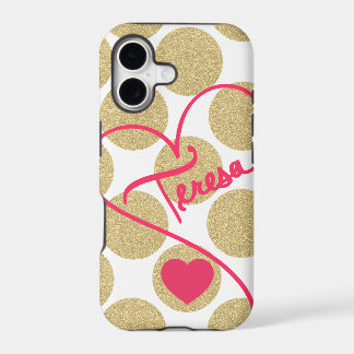 Bold Glitter Gold Dots Heart and Handwritten Name iPhone 17 Case