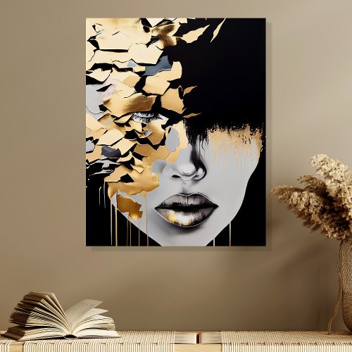 Bold Gold Black Abstract Woman Face Wall Art Acrylic Photo Tile