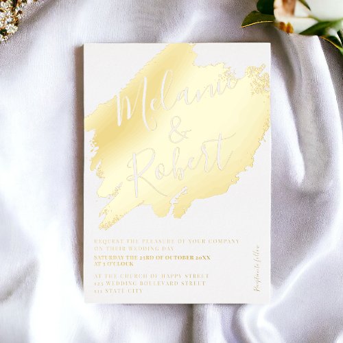 bold gold brushstroke white chic wedding initials foil invitation