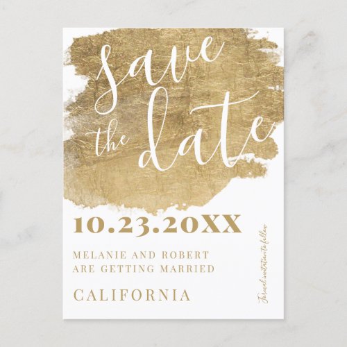bold gold brushstroke white wedding save the date announcement postcard