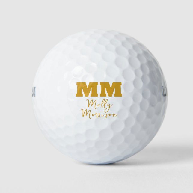 Bold Gold Calligraphy Monogram & Name Golf Balls (Front)