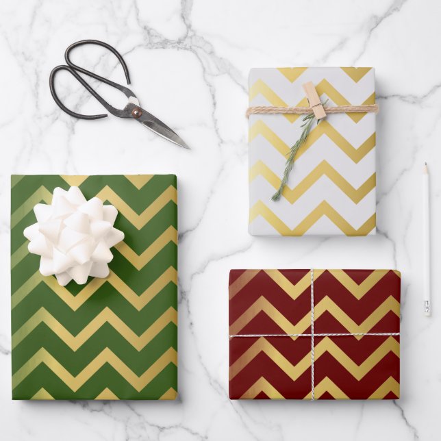 Bold Gold Chevron Holiday Trio Wrapping Paper Sheets (Front)