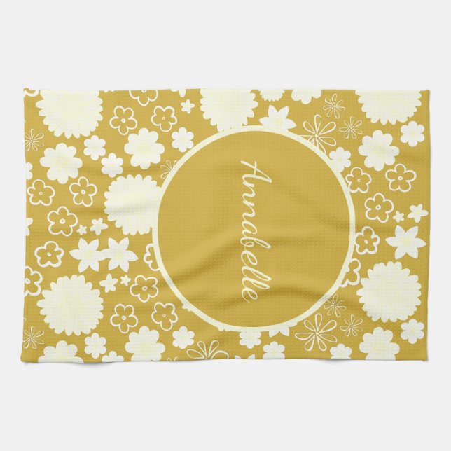 Bold Gold Cream Flowers Floral Pattern Named  Kitchen Towel (Horizontal)