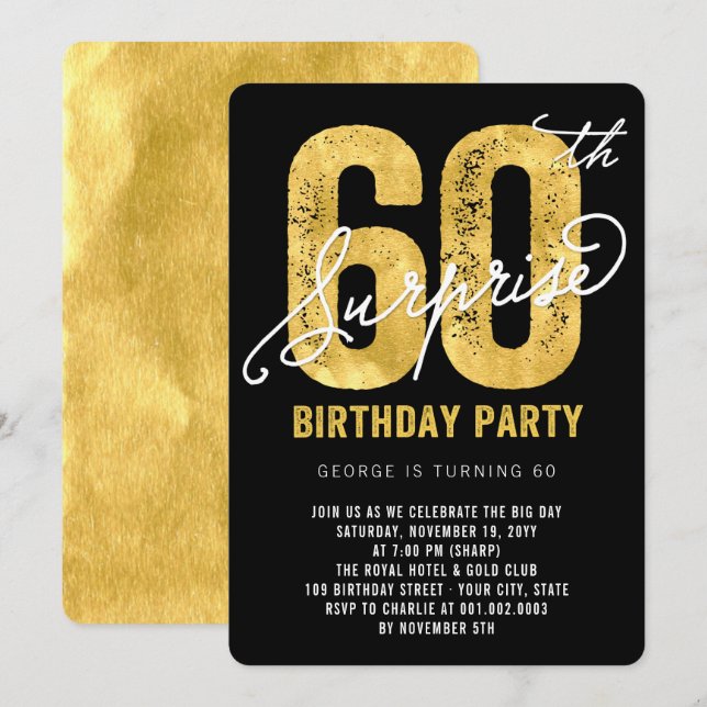Bold Gold Foil Surprise 60th Birthday Party Invite (Front/Back)