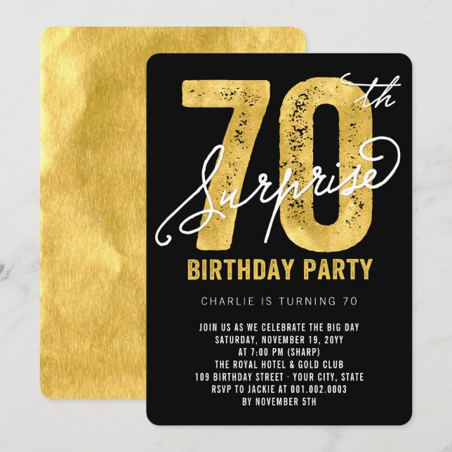 Bold Gold Foil Surprise 70th Birthday Party Invite (Front/Back)