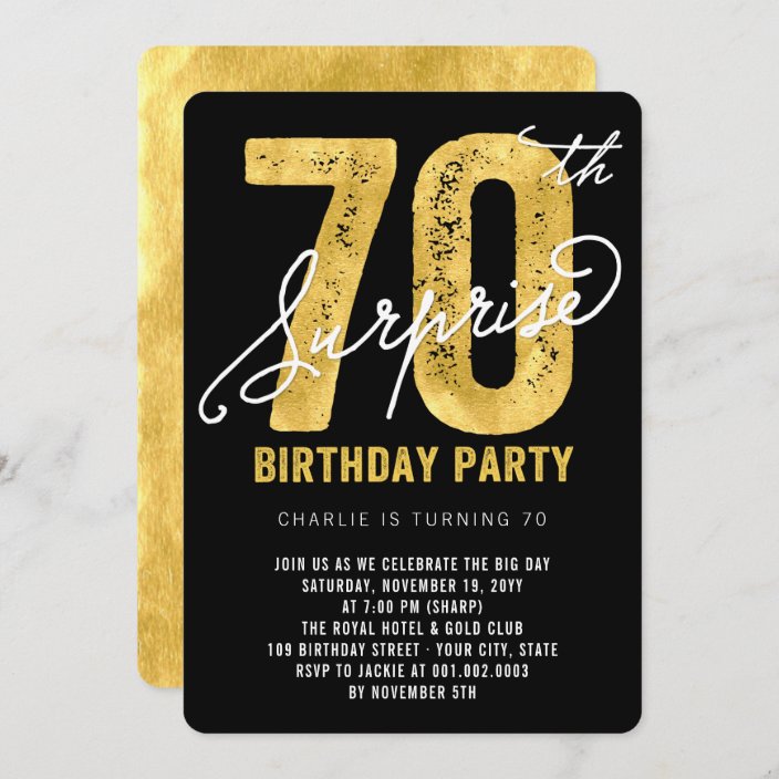 Bold Gold Foil Surprise 70th Birthday Party Invite | Zazzle