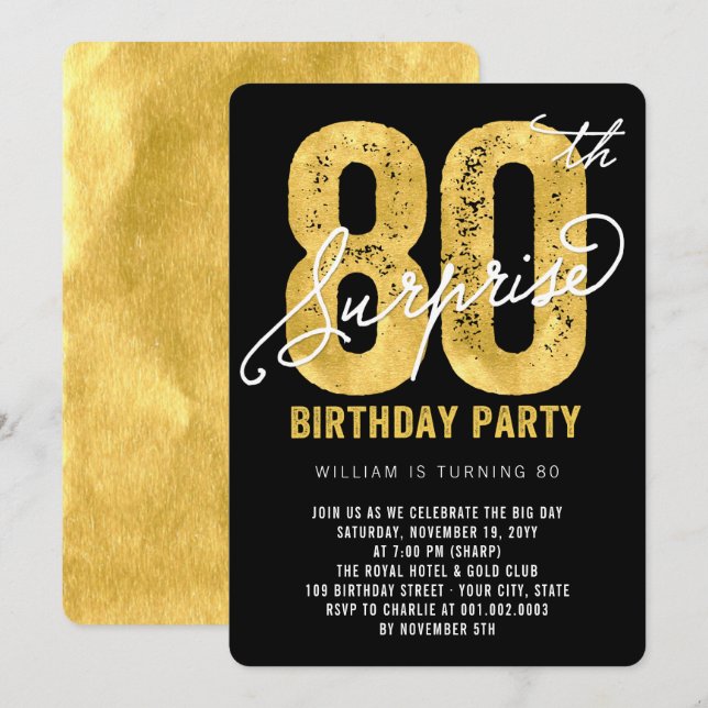 Bold Gold Foil Surprise 80th Birthday Party Invite (Front/Back)