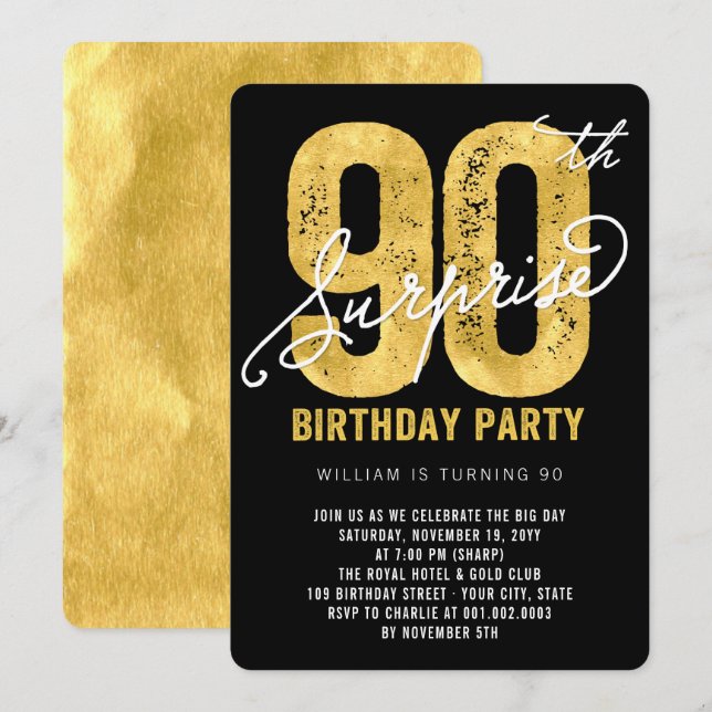 Bold Gold Foil Surprise 90th Birthday Party Invite (Front/Back)