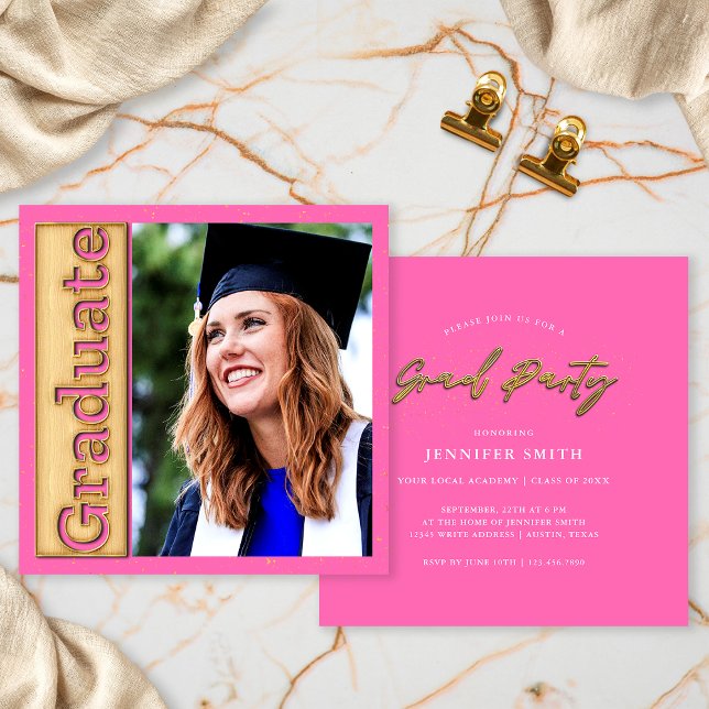 Bold Gold Hot Pink Photo Graduation Graduate Party Invitation (Creator Uploaded)