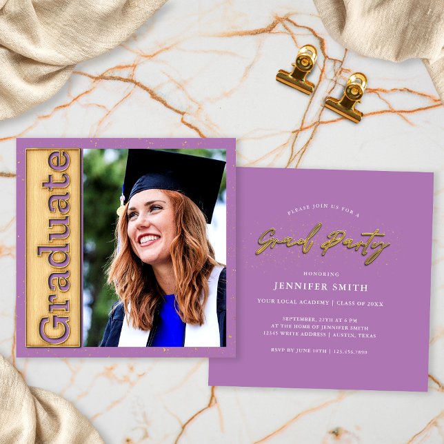 Bold Gold Lavender Photo Graduation Graduate Party Invitation (Creator Uploaded)