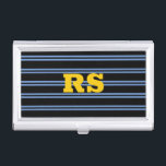 Bold Gold Monogram, Name, Blue Lines on Black Business Card Case<br><div class="desc">Personalize bold gold monogram,  or name,  with blue lines on black background.</div>