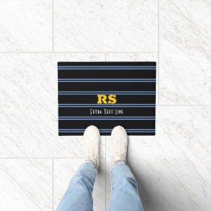 Bold Gold Monogram, Name, Blue Lines on Black Doormat